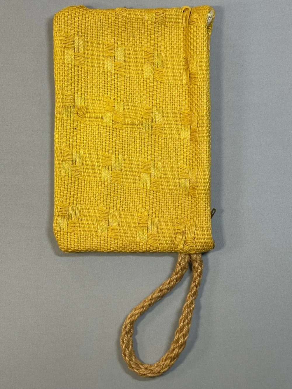 Woven Zipper Wristlet Clutch w/ Rope Handle - Mustard Yellow, Lined